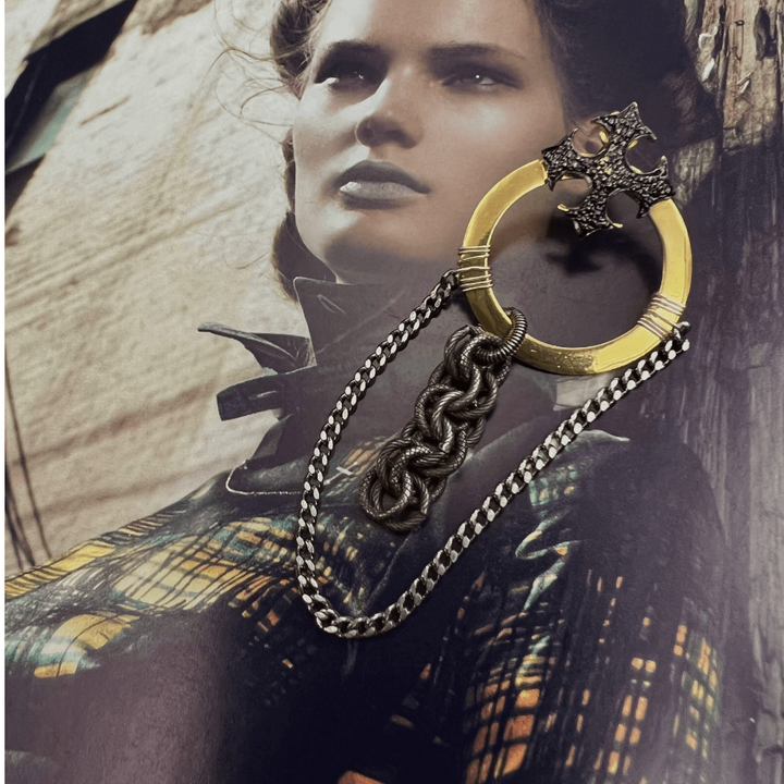 Golden Hoop With Small Cross - LAURA CANTU JEWELRY